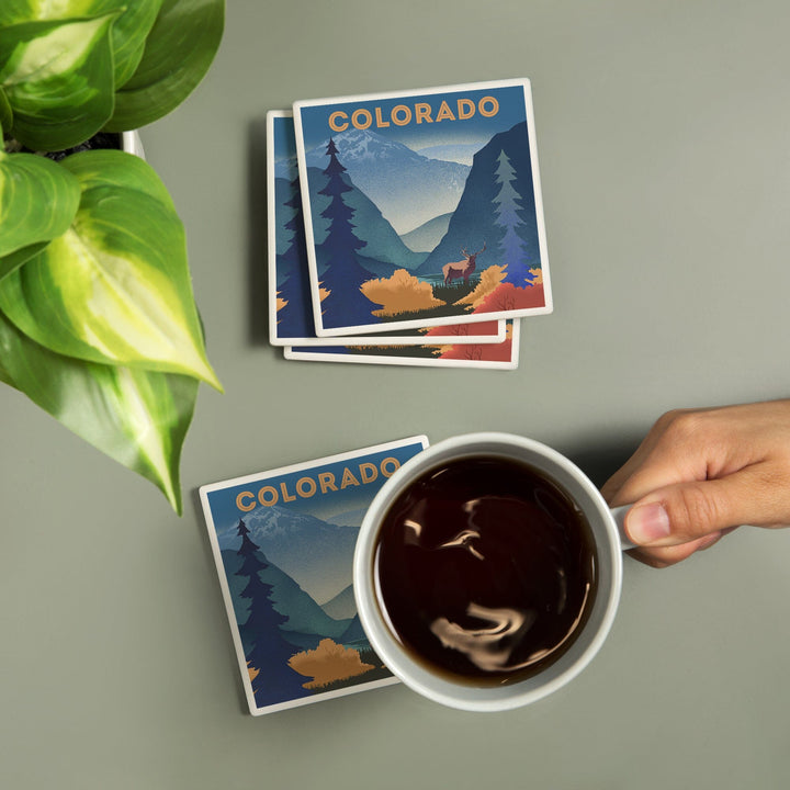 Colorado, Lithograph, Elk and Mountains Scene, Coasters Coasters Lantern Press 