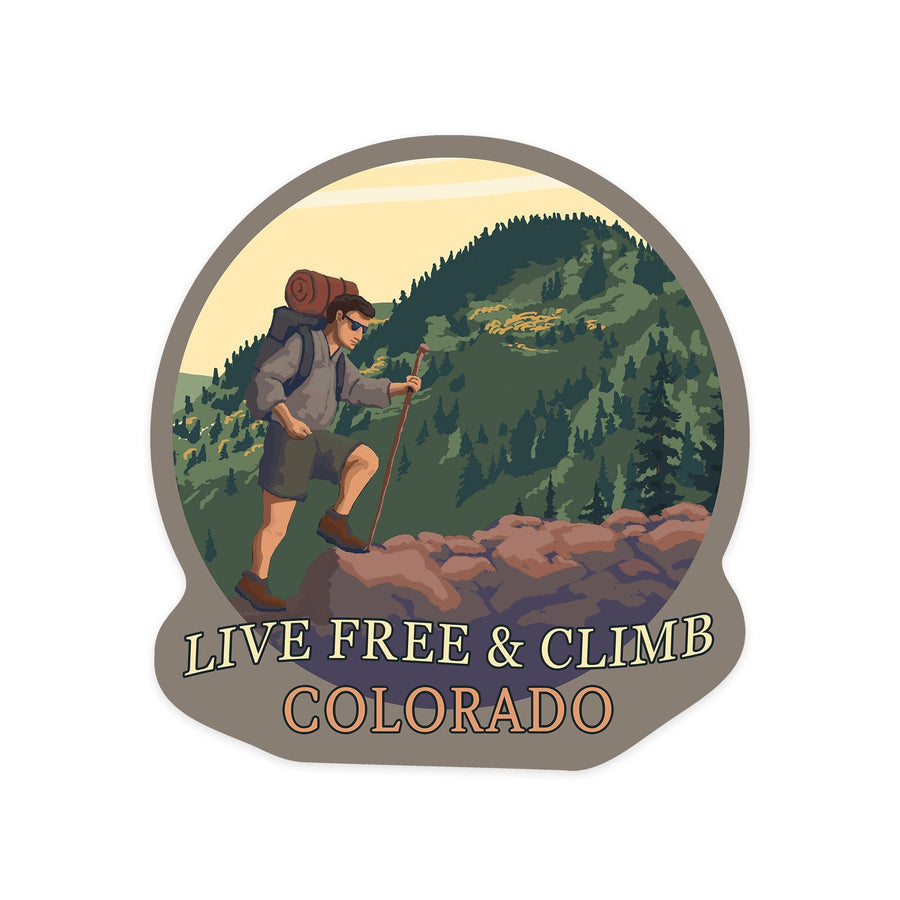 Colorado, Live Free and Climb, Contour, Vinyl Sticker - Lantern Press