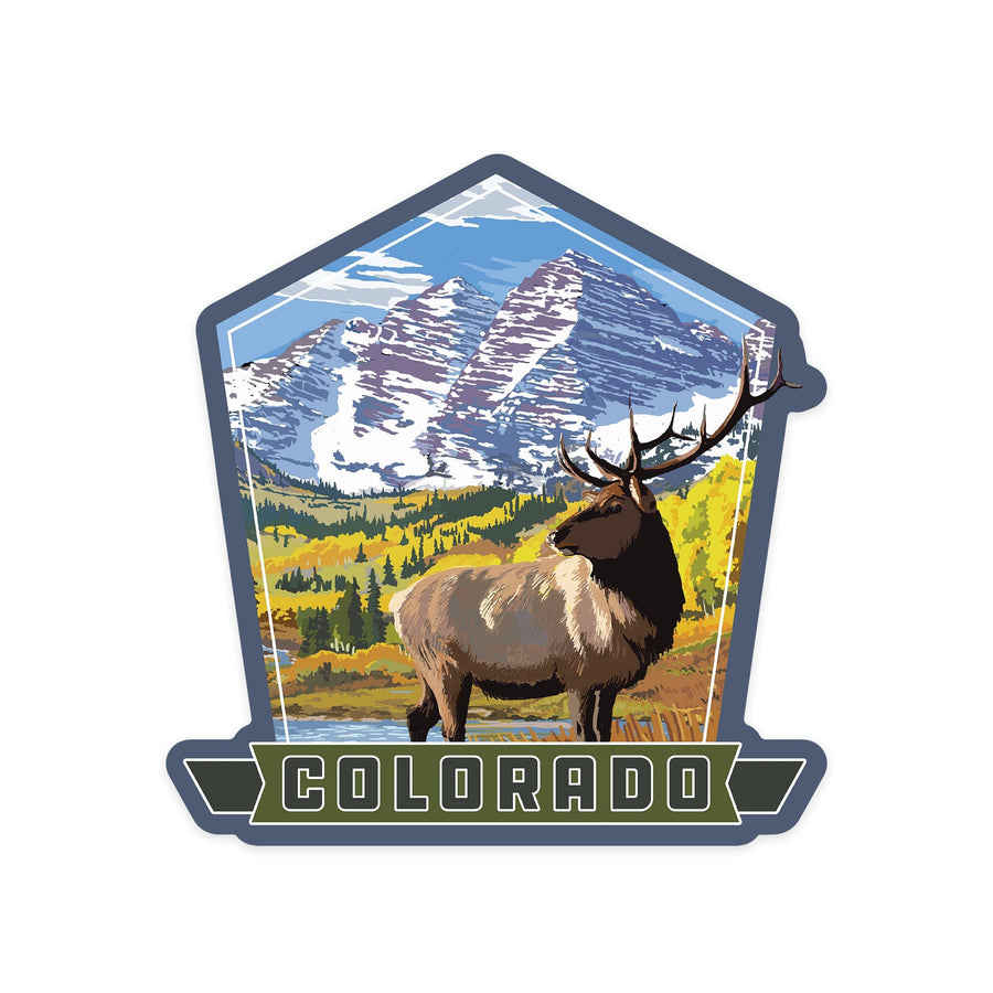 Colorado, Maroon Bells and Elk, Contour, Vinyl Sticker - Lantern Press