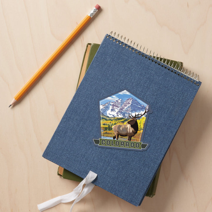Colorado, Maroon Bells and Elk, Contour, Vinyl Sticker - Lantern Press