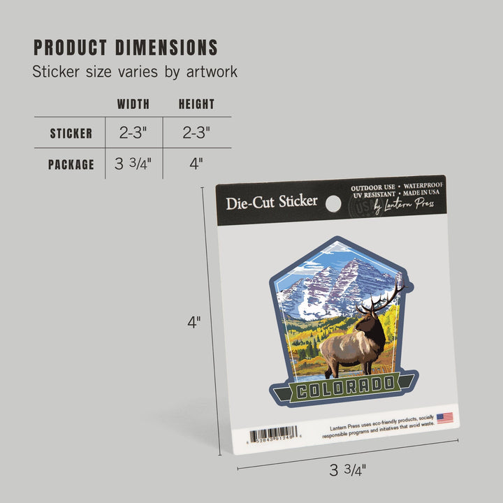 Colorado, Maroon Bells and Elk, Contour, Vinyl Sticker - Lantern Press