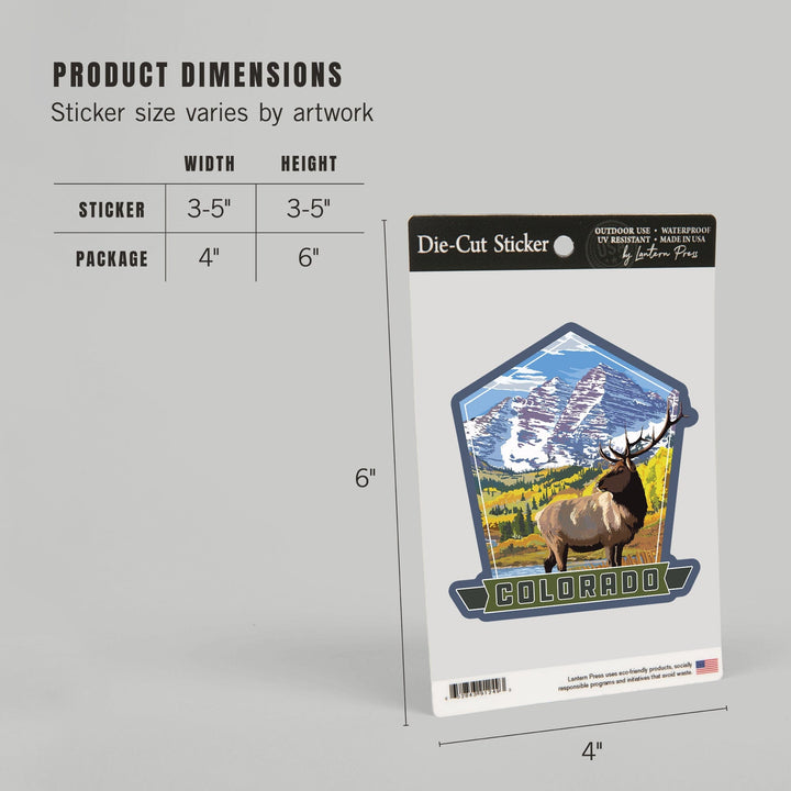 Colorado, Maroon Bells and Elk, Contour, Vinyl Sticker - Lantern Press