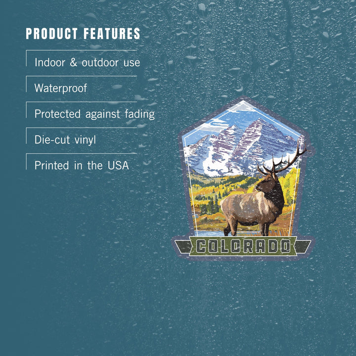 Colorado, Maroon Bells and Elk, Contour, Vinyl Sticker - Lantern Press