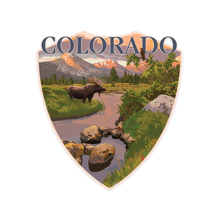 Colorado, Moose and Mountain Stream at Sunset, Contour, Vinyl Sticker Sticker Lantern Press 