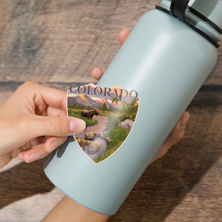 Colorado, Moose and Mountain Stream at Sunset, Contour, Vinyl Sticker Sticker Lantern Press 