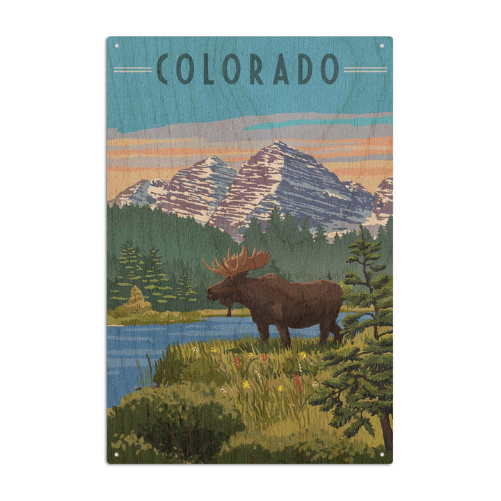 Colorado, Moose, Summer Scene, Maroon Bells, Lantern Press Artwork, Wood Signs and Postcards Wood Lantern Press 10 x 15 Wood Sign 