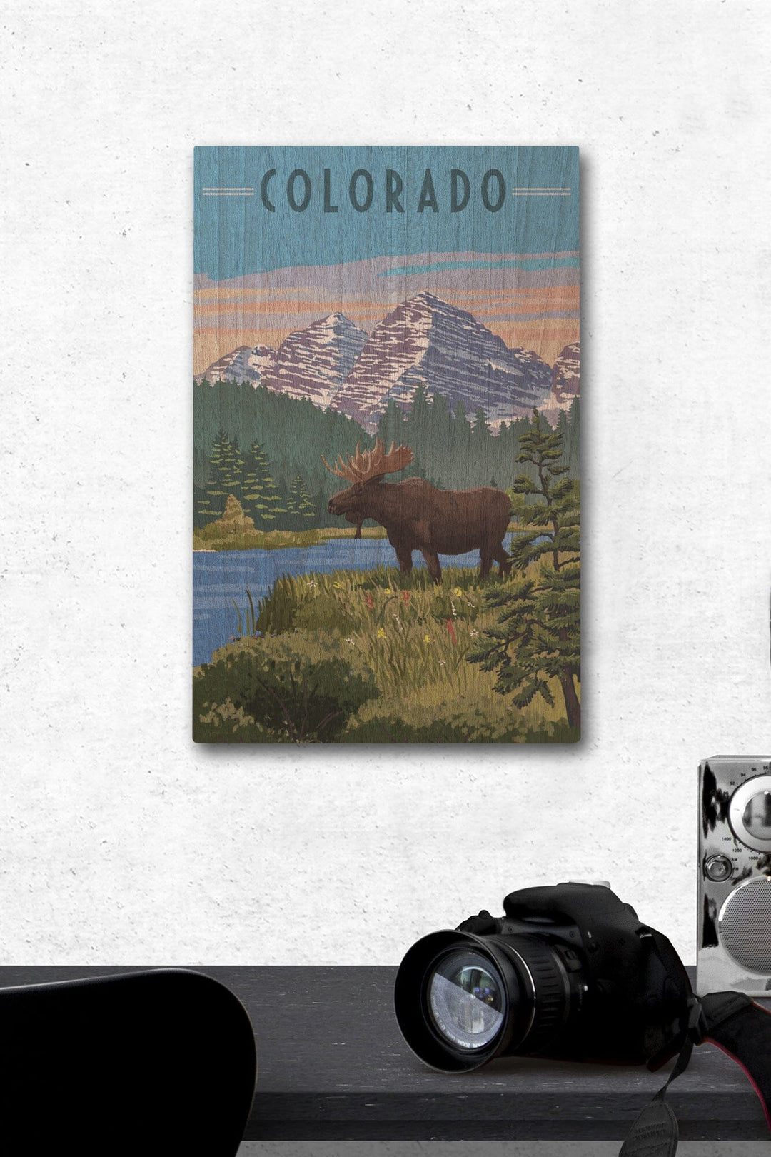Colorado, Moose, Summer Scene, Maroon Bells, Lantern Press Artwork, Wood Signs and Postcards Wood Lantern Press 12 x 18 Wood Gallery Print 