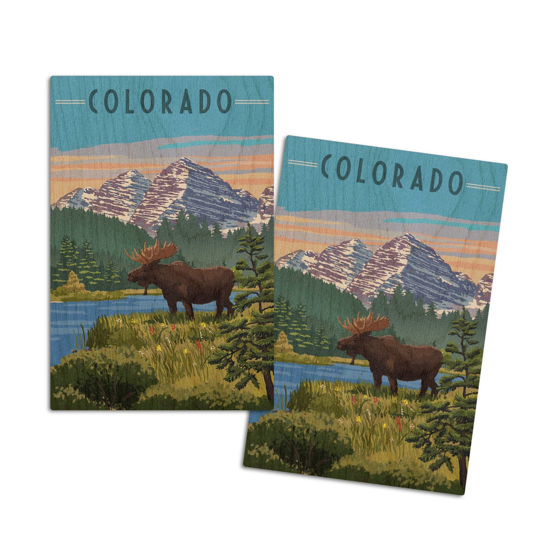 Colorado, Moose, Summer Scene, Maroon Bells, Lantern Press Artwork, Wood Signs and Postcards Wood Lantern Press 4x6 Wood Postcard Set 
