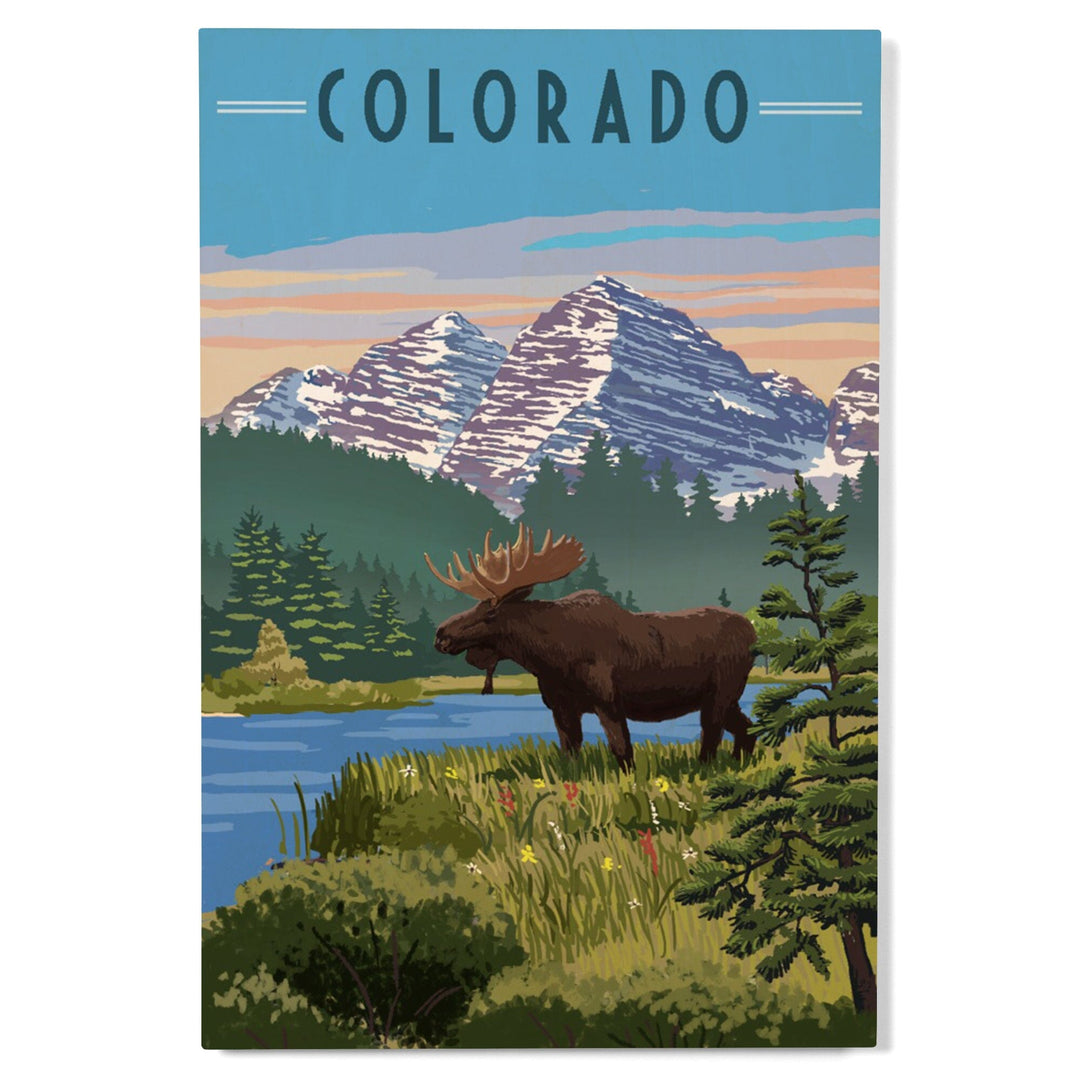Colorado, Moose, Summer Scene, Maroon Bells, Lantern Press Artwork, Wood Signs and Postcards Wood Lantern Press 