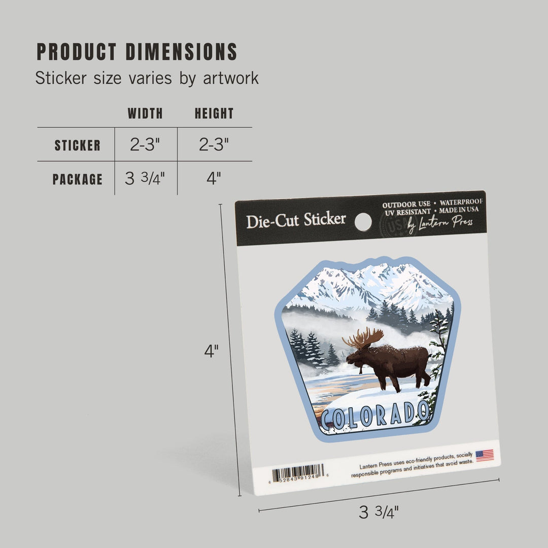 Colorado, Moose, Winter Scene, Contour, Vinyl Sticker - Lantern Press