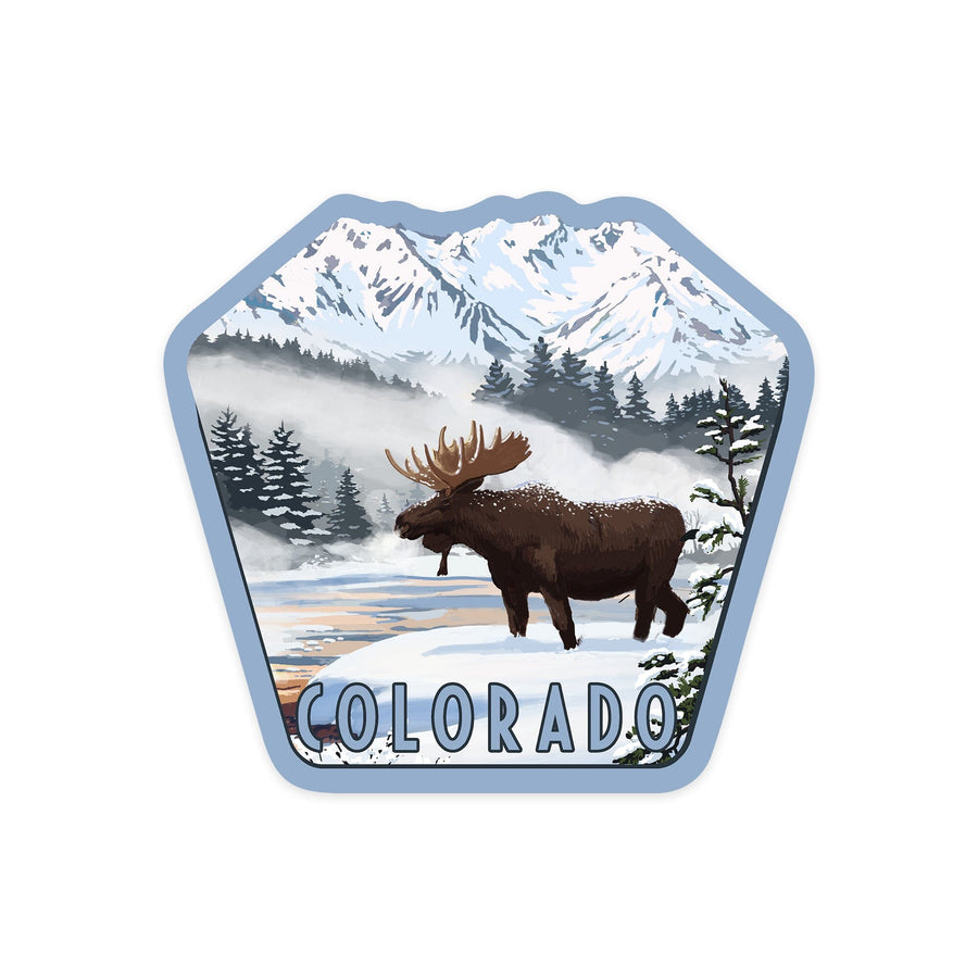 Colorado, Moose, Winter Scene, Contour, Vinyl Sticker - Lantern Press