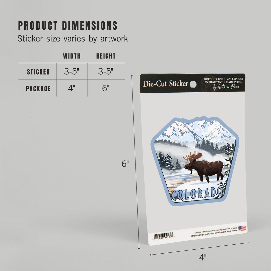 Colorado, Moose, Winter Scene, Contour, Vinyl Sticker - Lantern Press