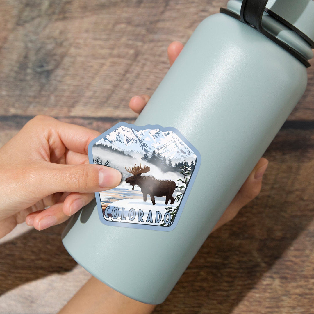 Colorado, Moose, Winter Scene, Contour, Vinyl Sticker - Lantern Press