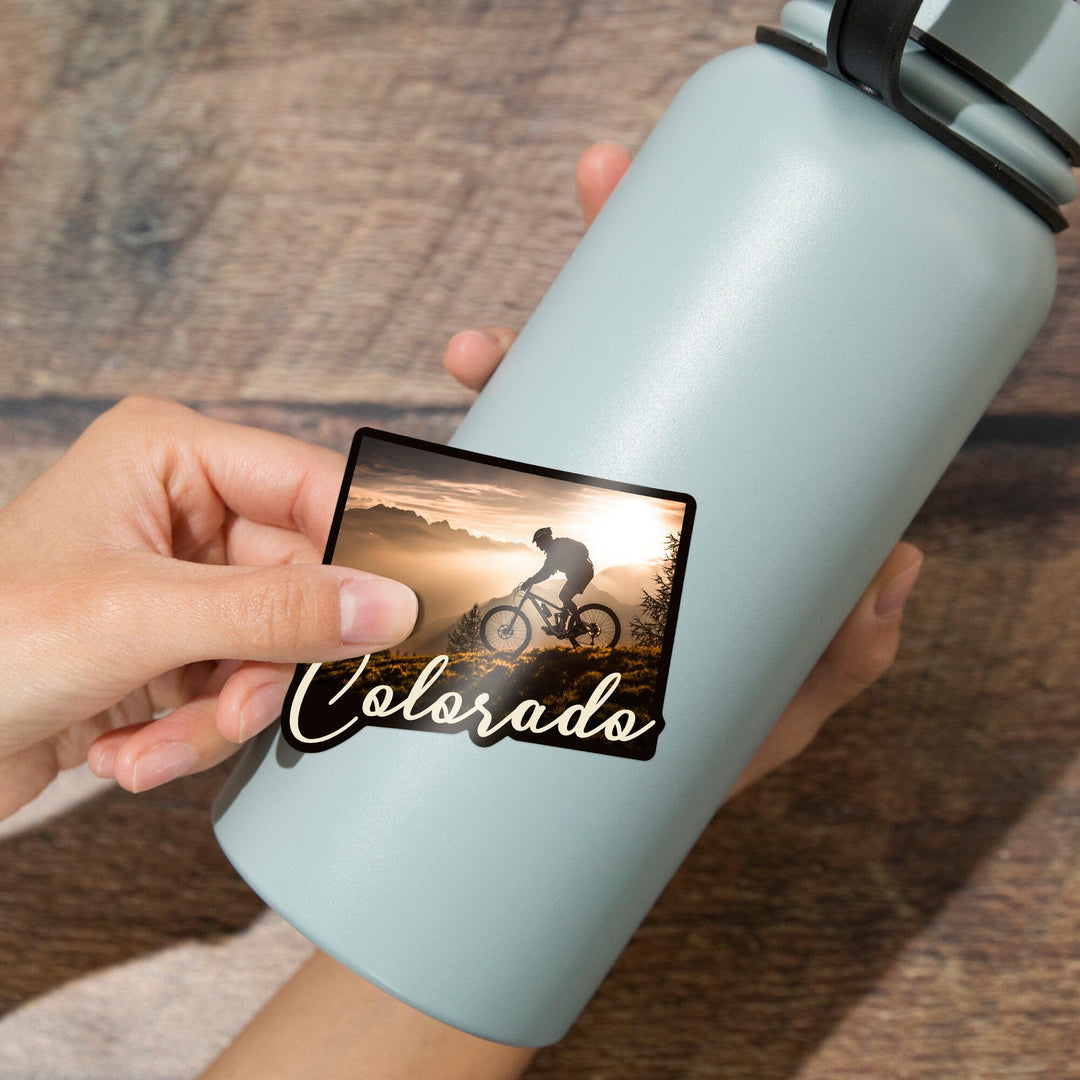 Colorado, Mountain Biker at Sunset, Contour, Vinyl Sticker Sticker Lantern Press 