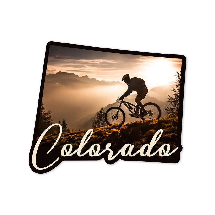 Colorado, Mountain Biker at Sunset, Contour, Vinyl Sticker Sticker Lantern Press 