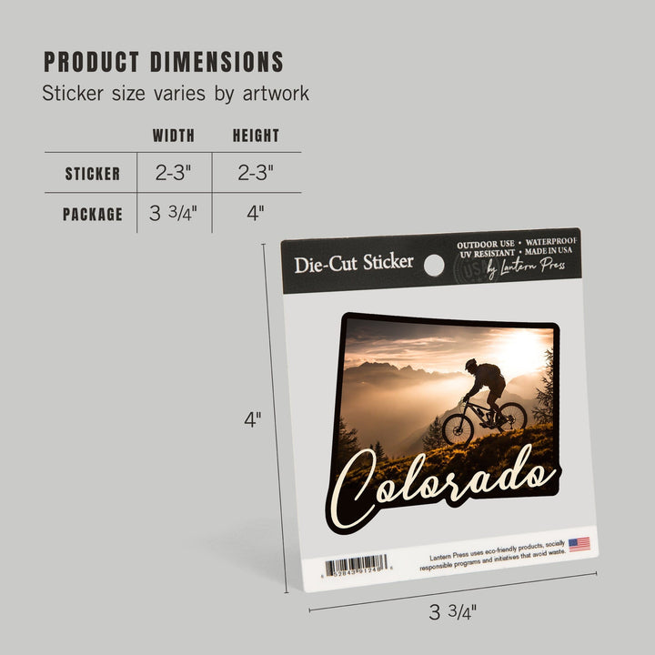 Colorado, Mountain Biker at Sunset, Contour, Vinyl Sticker Sticker Lantern Press 