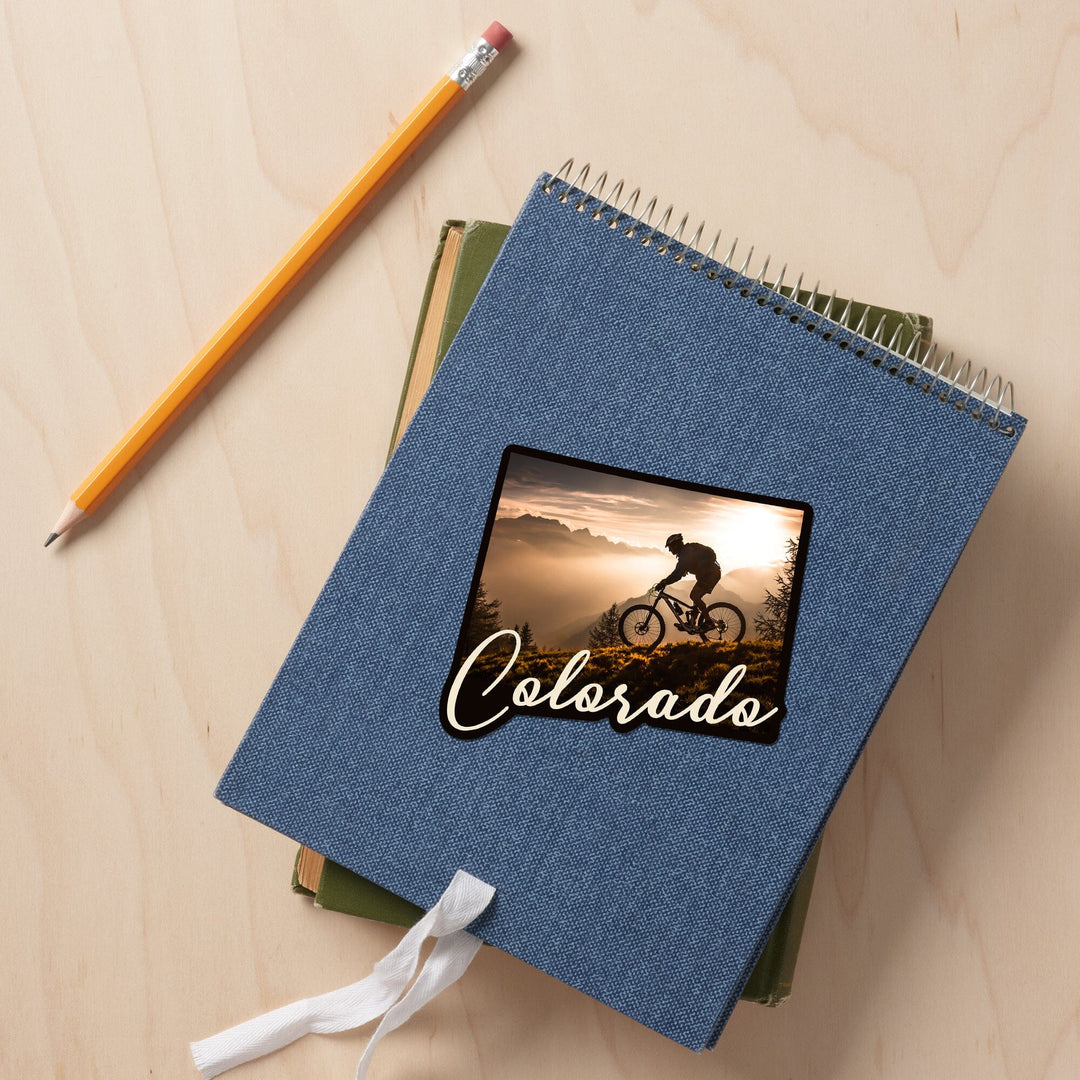 Colorado, Mountain Biker at Sunset, Contour, Vinyl Sticker Sticker Lantern Press 