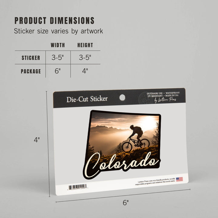 Colorado, Mountain Biker at Sunset, Contour, Vinyl Sticker Sticker Lantern Press 