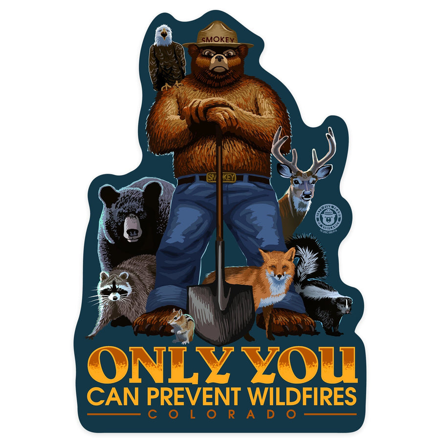 Colorado, Only You Can Prevent Wildfires, Smokey Bear & Friends, Contour, Lantern Press, Vinyl Sticker Sticker Lantern Press 