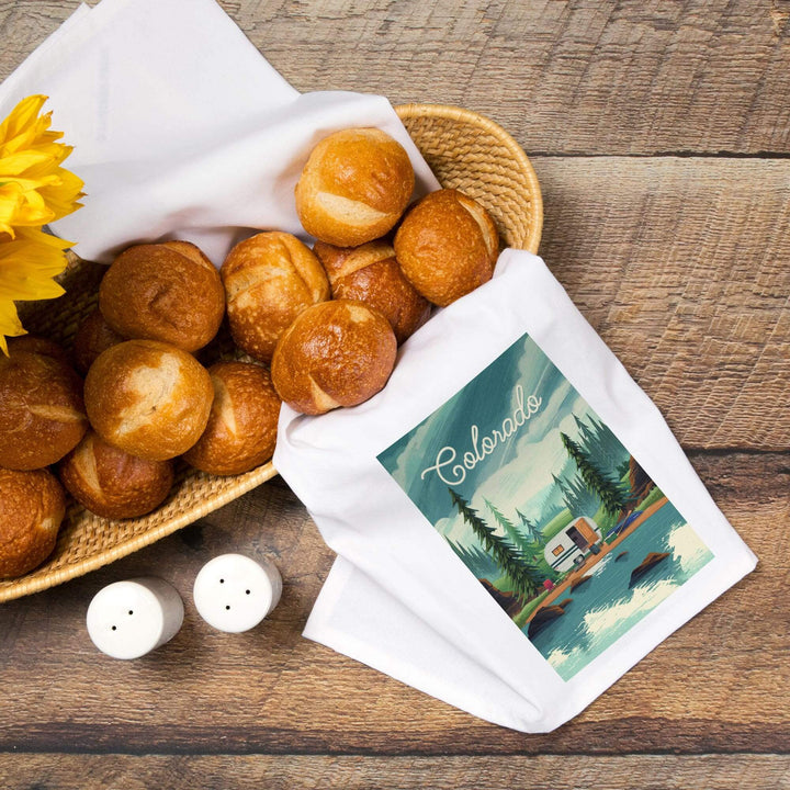 Colorado, Outdoor Activity, At Home Anywhere, Camper in Evergreens, Organic Cotton Kitchen Tea Towels Kitchen Lantern Press 