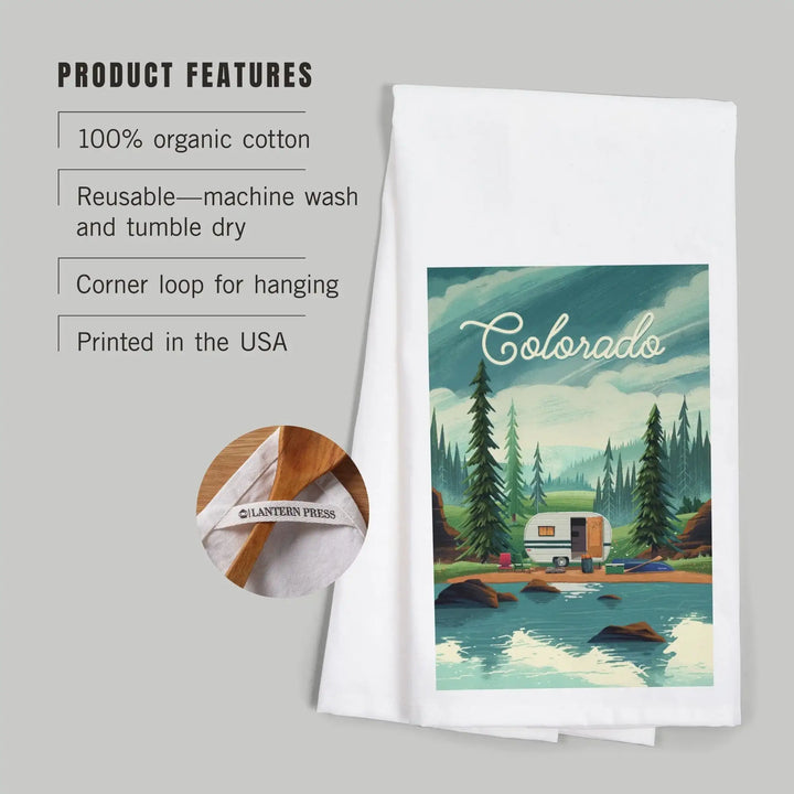 Colorado, Outdoor Activity, At Home Anywhere, Camper in Evergreens, Organic Cotton Kitchen Tea Towels Kitchen Lantern Press 