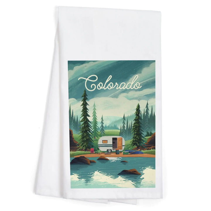 Colorado, Outdoor Activity, At Home Anywhere, Camper in Evergreens, Organic Cotton Kitchen Tea Towels Kitchen Lantern Press 