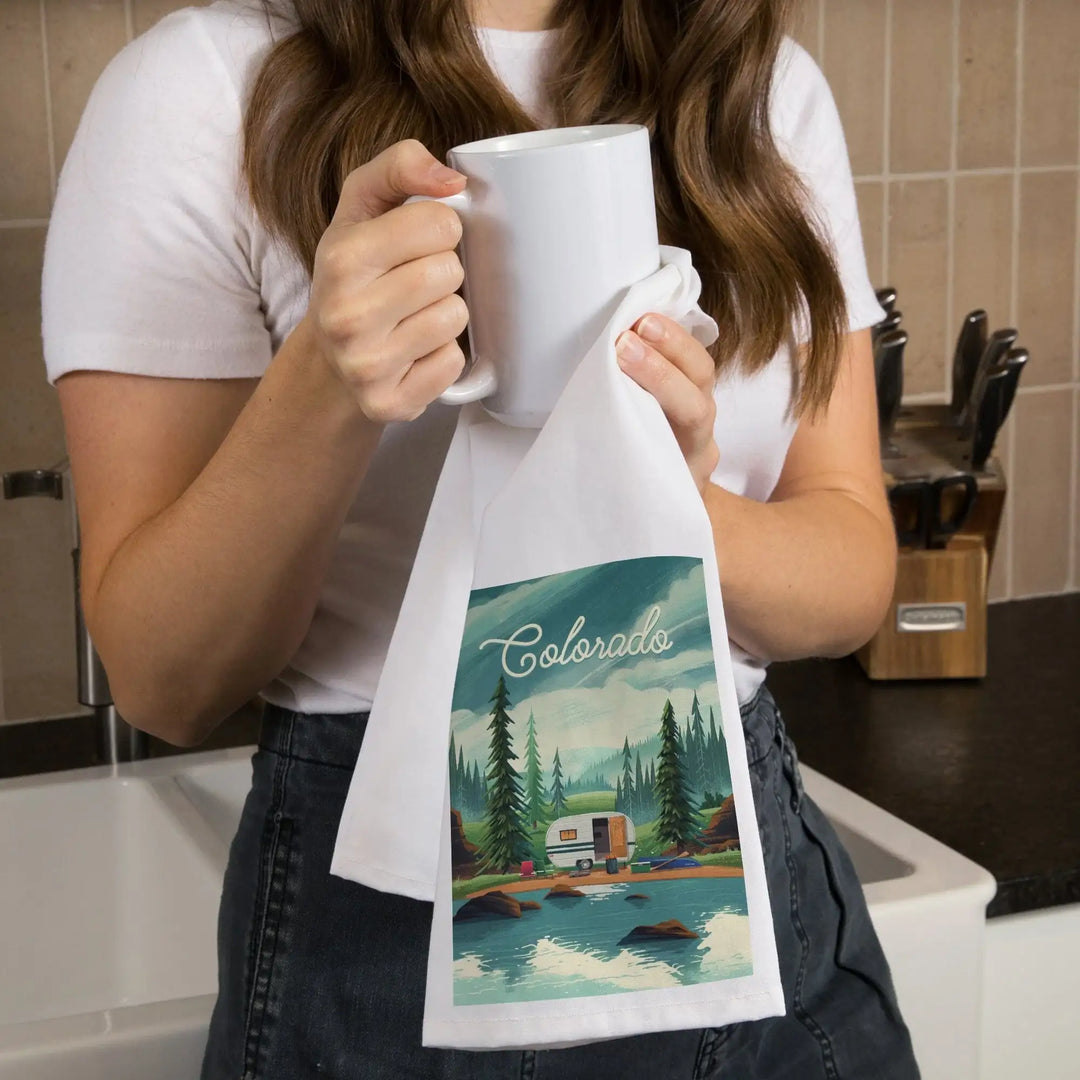 Colorado, Outdoor Activity, At Home Anywhere, Camper in Evergreens, Organic Cotton Kitchen Tea Towels Kitchen Lantern Press 