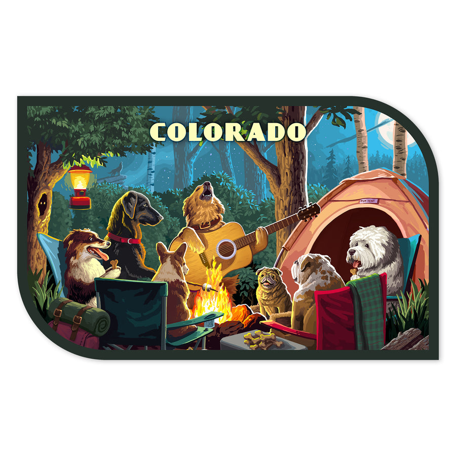 Colorado, Painterly, Pack Life, Dogs Around Campfire, Vinyl Sticker Sticker Lantern Press 