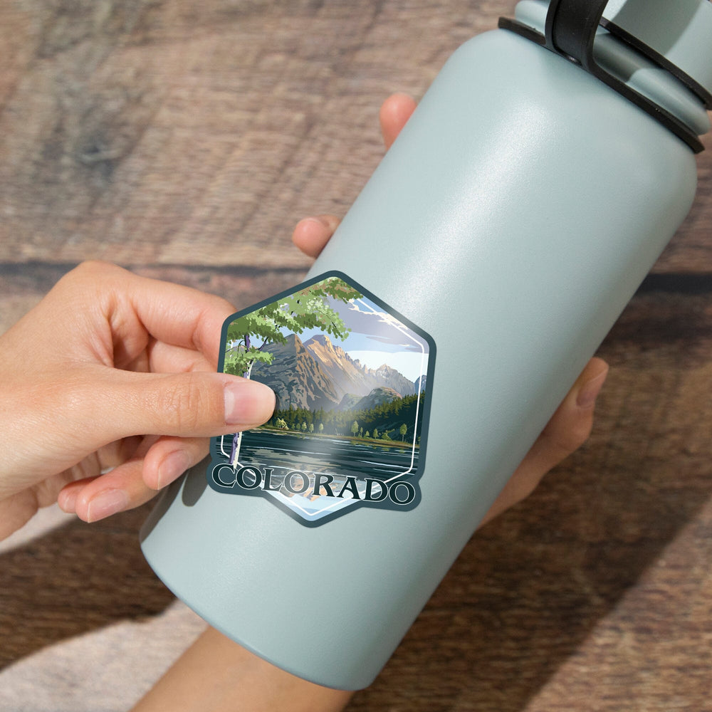 Colorado, Peaks and Lake, Contour, Vinyl Sticker - Lantern Press