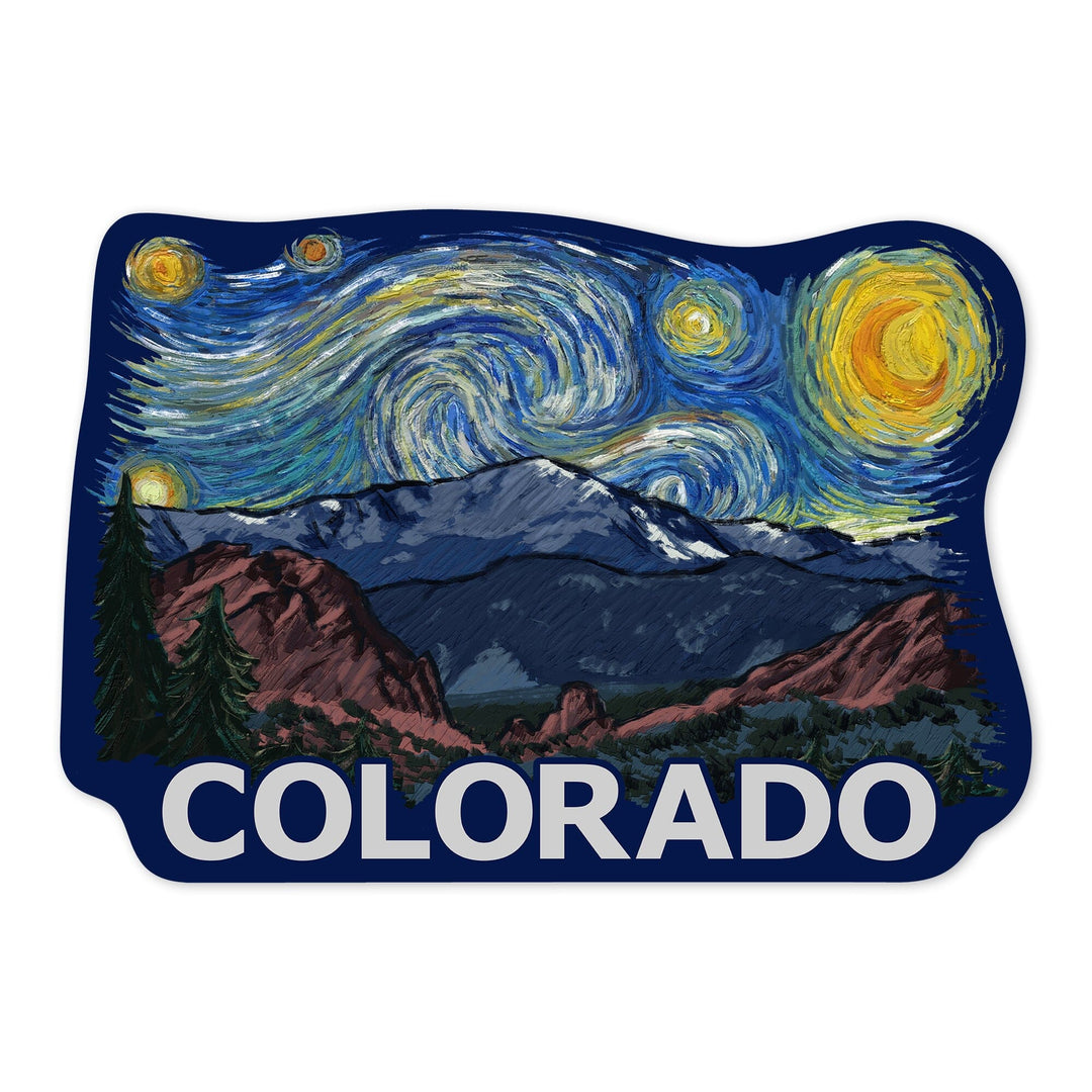 Colorado, Pikes Peak, Starry Night, Contour, Lantern Press Artwork, Vinyl Sticker - Lantern Press