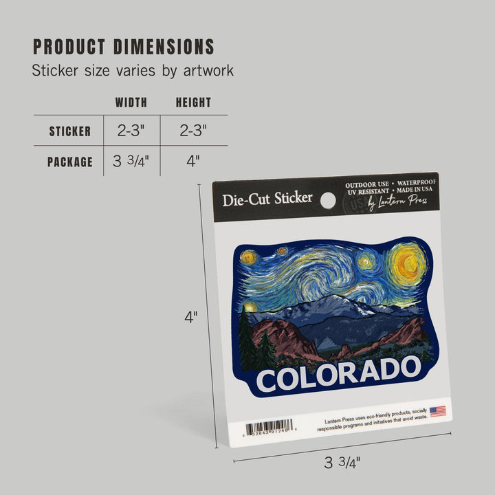 Colorado, Pikes Peak, Starry Night, Contour, Lantern Press Artwork, Vinyl Sticker - Lantern Press