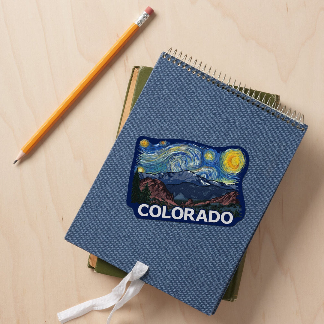 Colorado, Pikes Peak, Starry Night, Contour, Lantern Press Artwork, Vinyl Sticker - Lantern Press