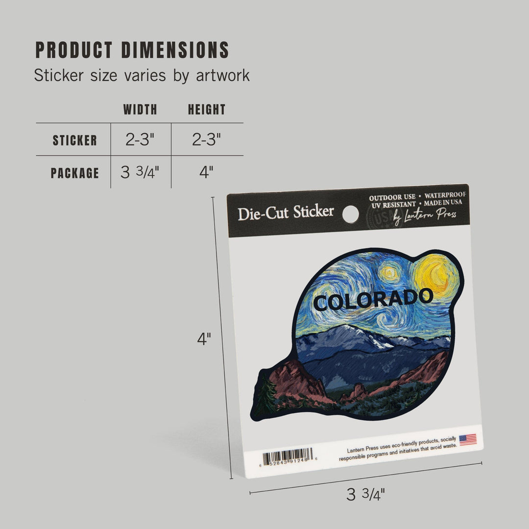 Colorado, Pikes Peak, Starry Night, Contour, Vinyl Sticker Sticker Lantern Press 