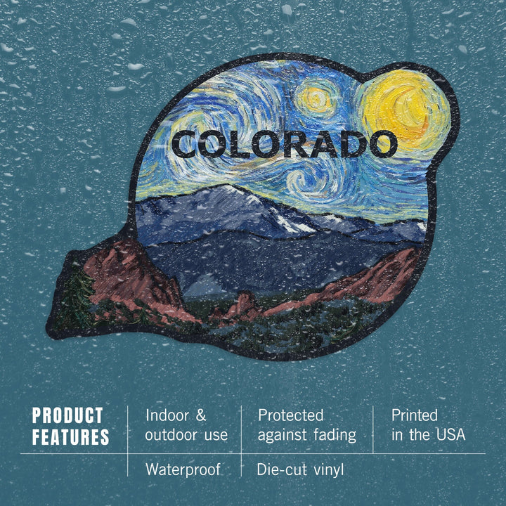 Colorado, Pikes Peak, Starry Night, Contour, Vinyl Sticker Sticker Lantern Press 