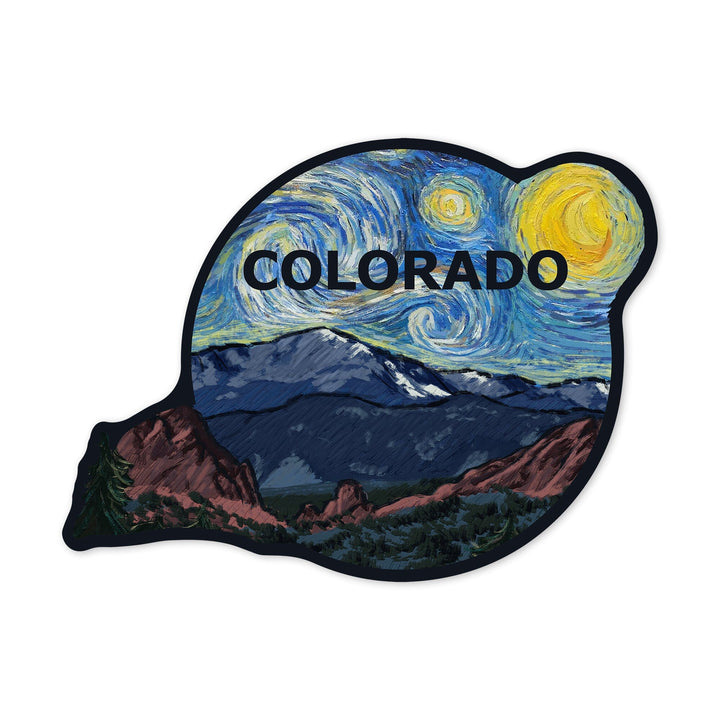 Colorado, Pikes Peak, Starry Night, Contour, Vinyl Sticker Sticker Lantern Press 