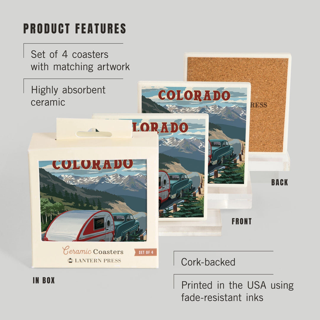 Colorado, Retro Camper, Lantern Press Artwork, Coaster Set - Lantern Press