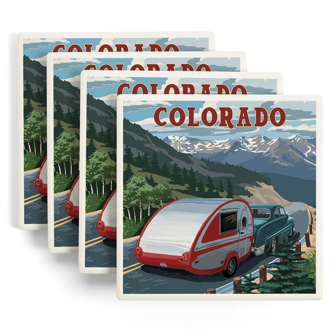 Colorado, Retro Camper, Lantern Press Artwork, Coaster Set - Lantern Press