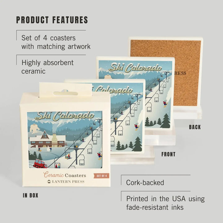 Colorado, Retro Ski Resort, Coasters Coasters Lantern Press 