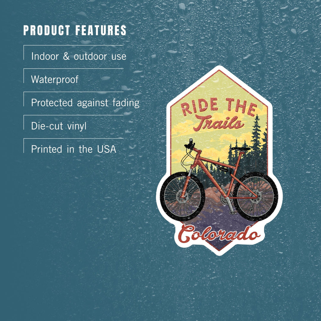 Colorado, Ride the Trails, Mountain Bike, Contour, Vinyl Sticker Sticker Lantern Press 