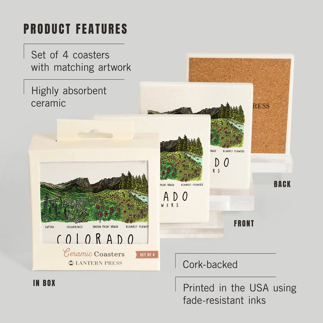 Colorado, Rockies Wildflowers, Lantern Press Artwork, Coaster Set - Lantern Press