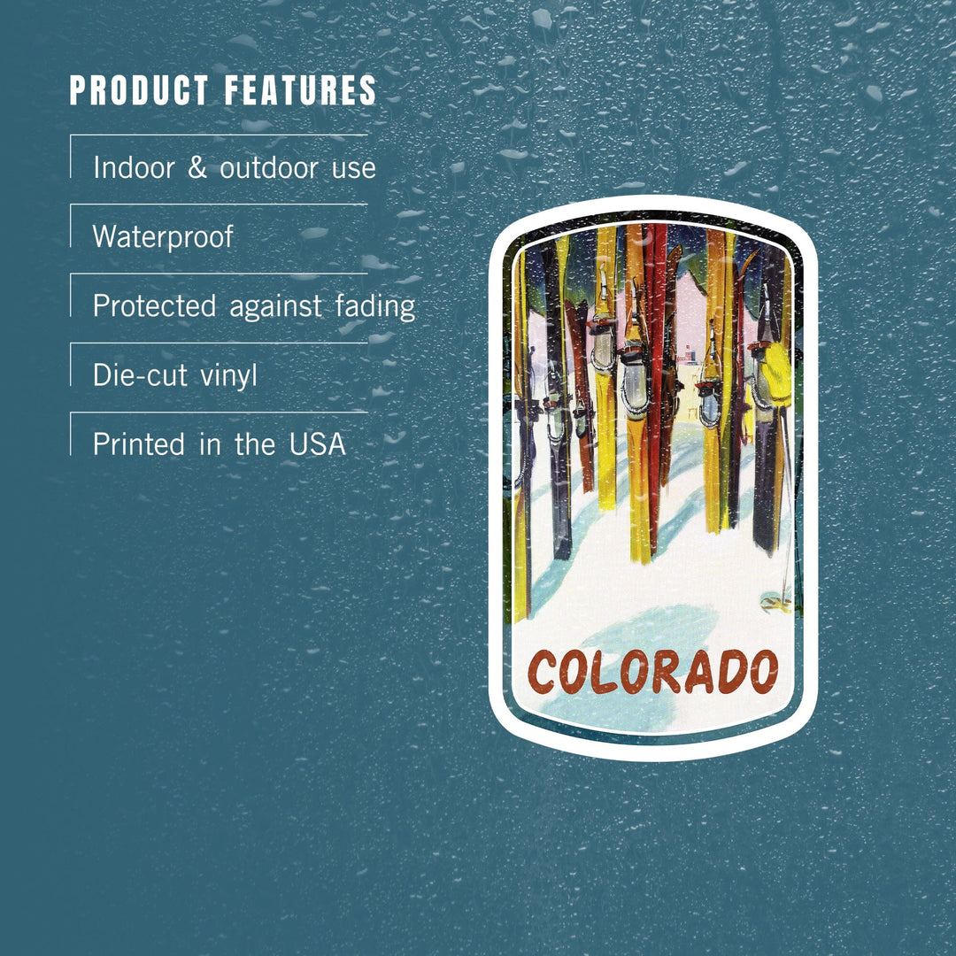 Colorado, Ski, Colorful Skis, Contour, Vinyl Sticker - Lantern Press