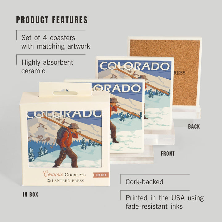 Colorado, Skier Carrying Skis, Coasters Coasters Lantern Press 