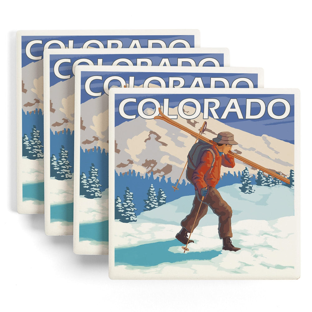 Colorado, Skier Carrying Skis, Coasters Coasters Lantern Press 