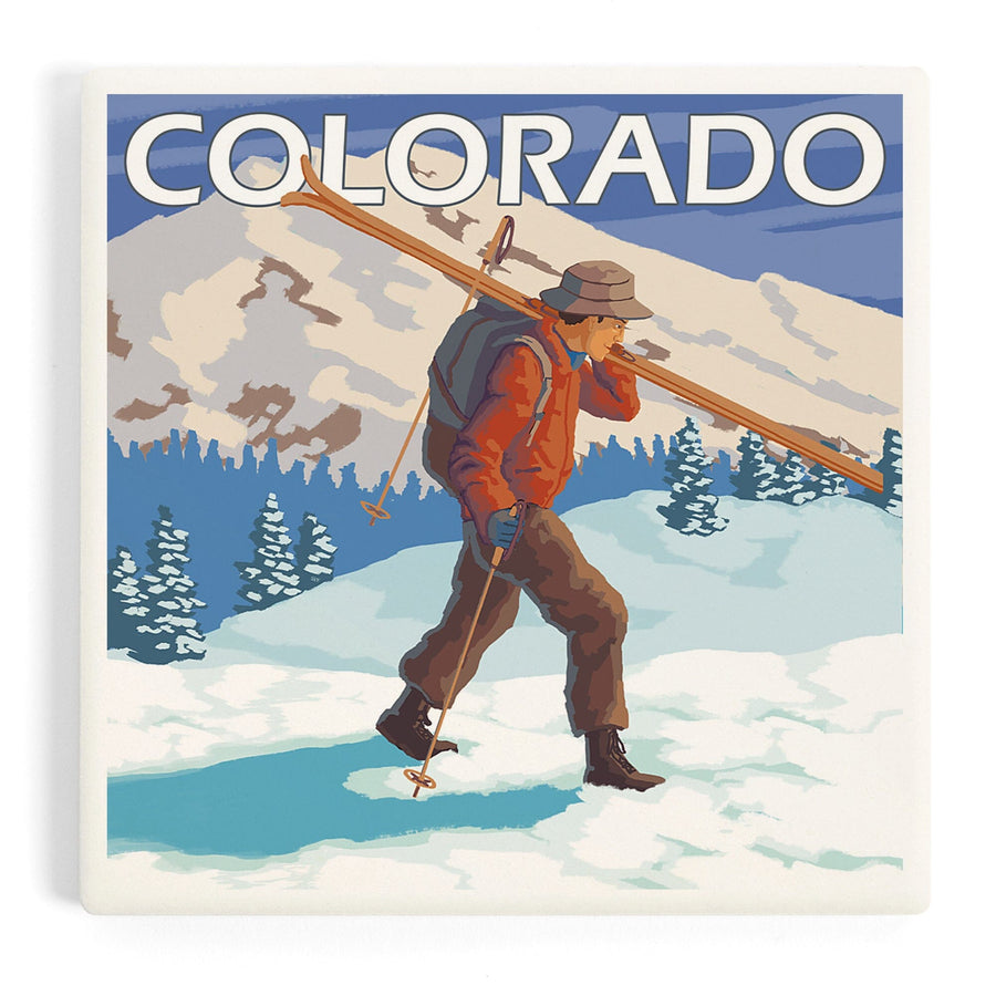 Colorado, Skier Carrying Skis, Coasters Coasters Lantern Press 