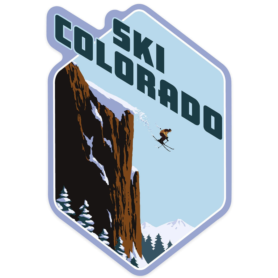 Colorado, Skier Jumping, Contour, Vinyl Sticker - Lantern Press