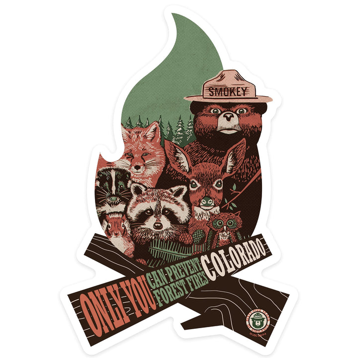 Colorado, Smokey Bear and Woodland Creatures, Campfire, Contour, Vinyl Sticker - Lantern Press