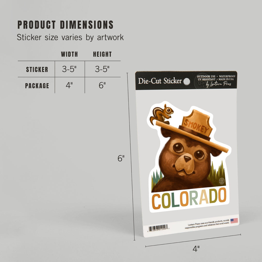 Colorado, Smokey Bear & Squirrel, Contour, Lantern Press Artwork, Vinyl Sticker Sticker Lantern Press 