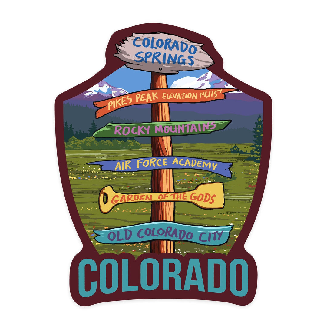 Colorado Springs, Colorado, Destination Signpost, Contour, Lantern Press Artwork, Vinyl Sticker Sticker Lantern Press 