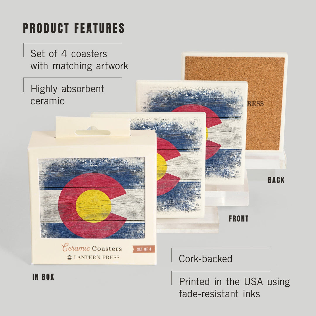 Colorado, State Flag, Rustic, Contour, Lantern Press Artwork, Coaster Set - Lantern Press