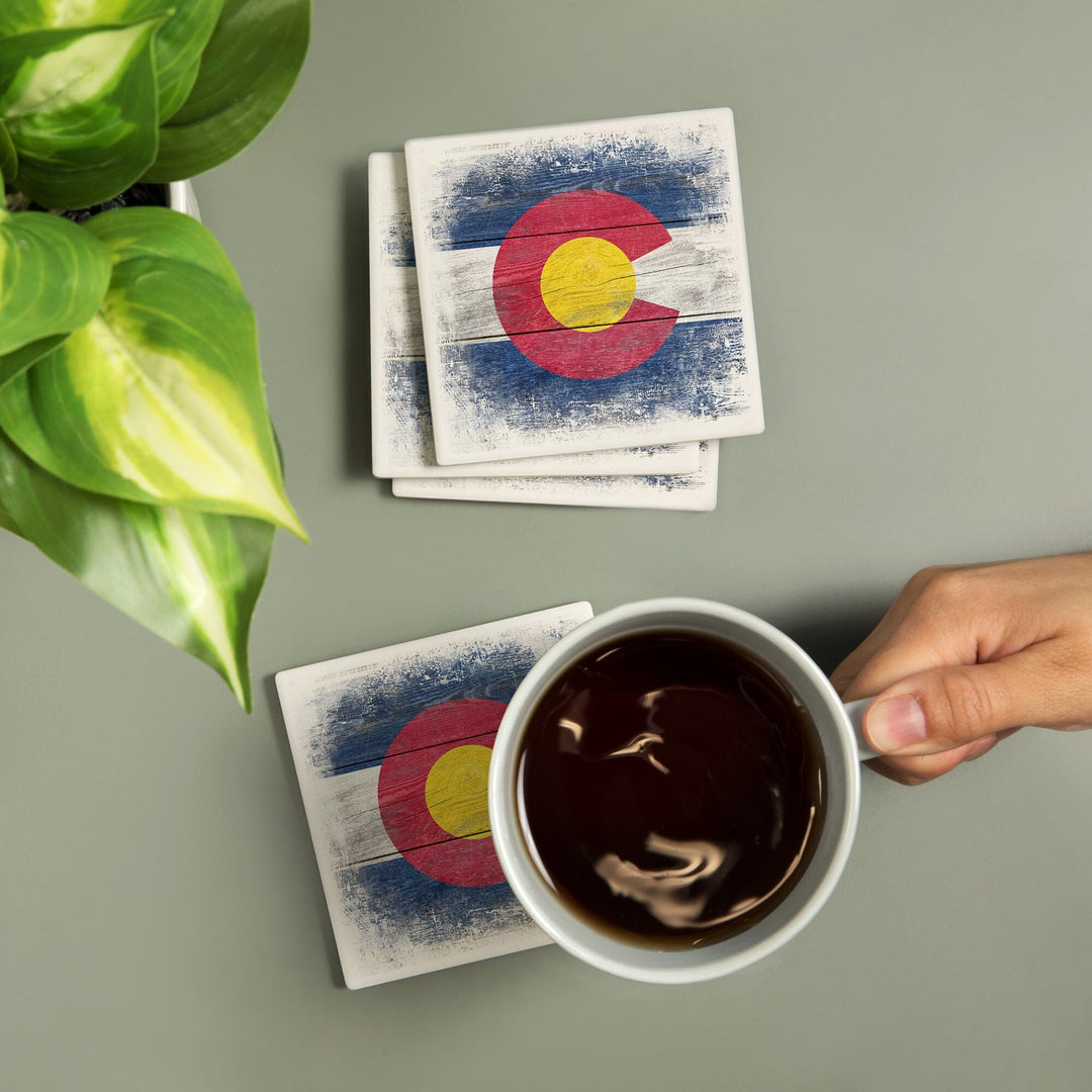 Colorado, State Flag, Rustic, Contour, Lantern Press Artwork, Coaster Set - Lantern Press